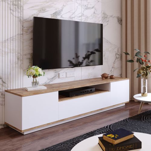 Meuble TV Avec 3 Portes Et 1 Niche - Blanc Et Naturel - Lotula