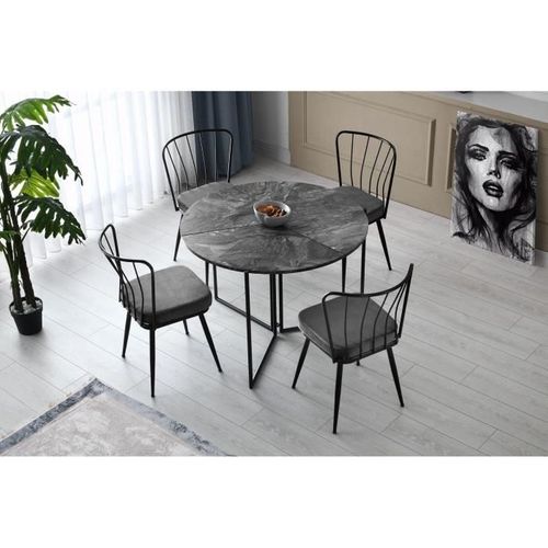 Table Ronde Pliable Origami 100 cm Effet Marbre Noir Et Métal Noir
