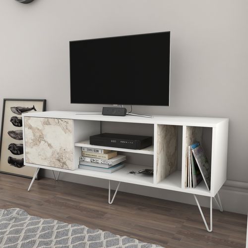 Meuble TV Mistico De 140 Cm Avec Étagères Ouvertes Et Armoire (blanc Et Effet Marbre Blanc)