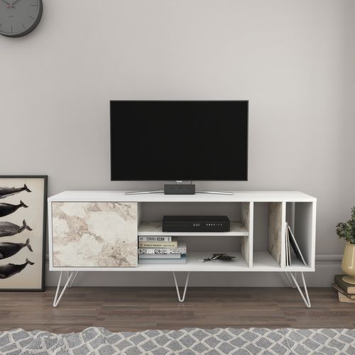 Meuble TV Mistico De 140 Cm Avec Étagères Ouvertes Et Armoire (blanc Et Effet Marbre Blanc)