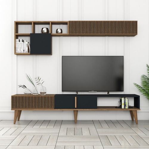 Meuble TV En Bois "milan" - 180 X 35 X 40 Cm - Noyer, Anthracite