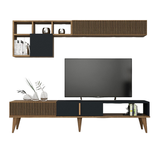 Meuble TV En Bois "milan" - 180 X 35 X 40 Cm - Noyer, Anthracite