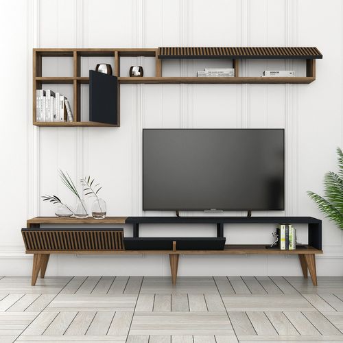 Meuble TV En Bois "milan" - 180 X 35 X 40 Cm - Noyer, Anthracite