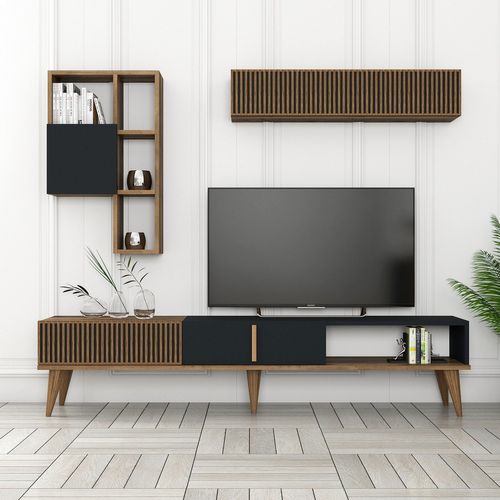 Meuble TV En Bois "milan" - 180 X 35 X 40 Cm - Noyer, Anthracite