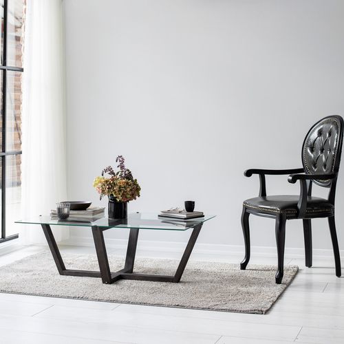 Table Basse Moderne Dinter L105cm Bois Massif Anthracite Et Verre Transparent