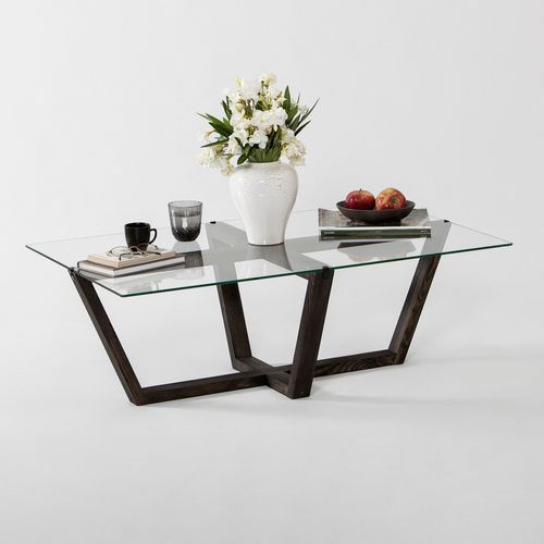 Table Basse Moderne Dinter L105cm Bois Massif Anthracite Et Verre Transparent