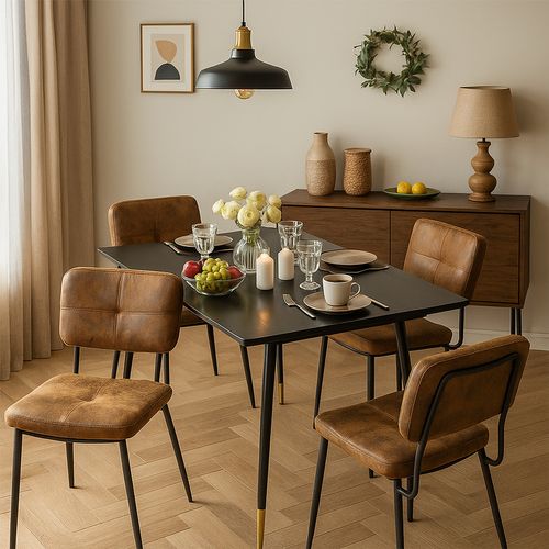 Ensemble Table Extensible Noire Pieds Or + 4 Chaises Suédine