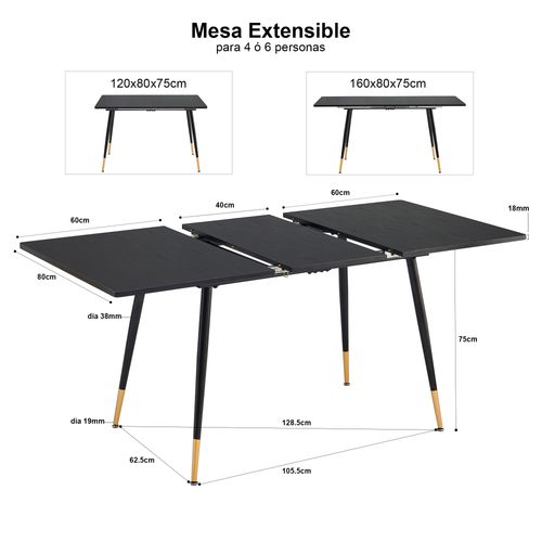 Ensemble Table Extensible Noire Pieds Or + 4 Chaises Suédine