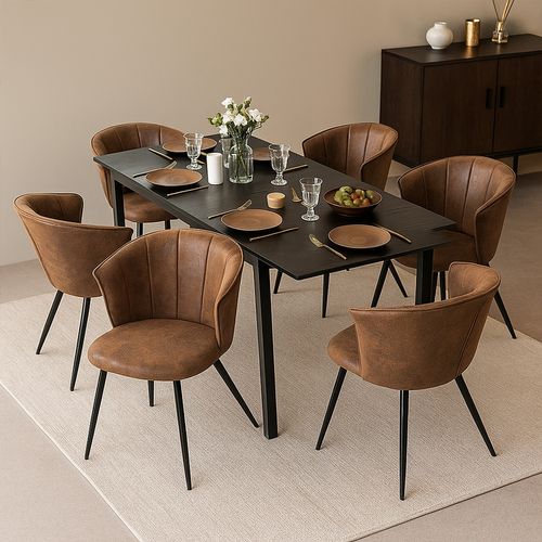 Ensemble Table Extensible Noire + 6 Chaises Coquille Suédine