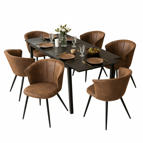 Ensemble Table Extensible Noire + 6 Chaises Coquille Suédine