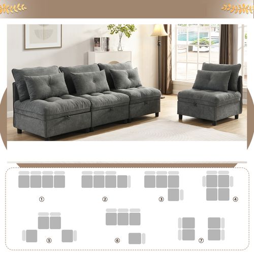 Canapé Modulable, 4 Places, Coffre De Rangement, Revêtement En Tissu