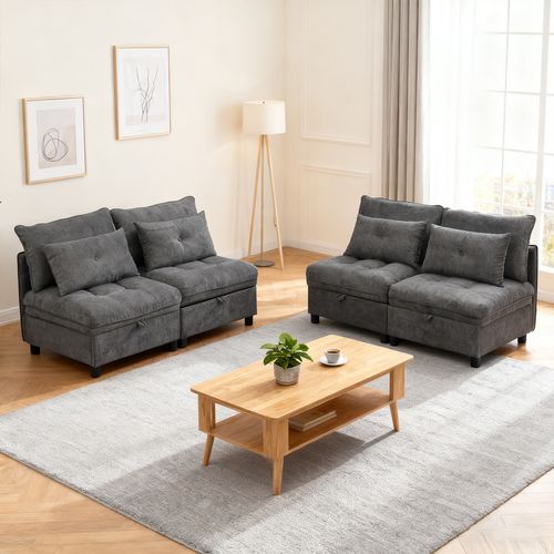 Canapé Modulable, 4 Places, Coffre De Rangement, Revêtement En Tissu