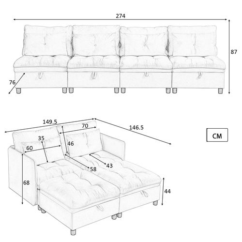 Canapé Modulable, 4 Places, Coffre De Rangement, Revêtement En Tissu