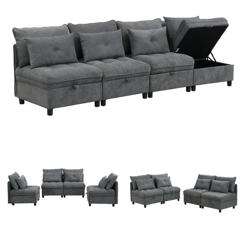 Canapé Modulable, 4 Places, Coffre De Rangement, Revêtement En Tissu