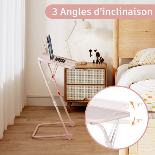 Petit Bureau Pliant Hauteur Réglable Portable Sans Assemblage Requis Plateau Inclinable, Rose