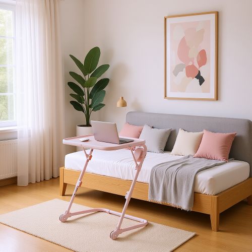 Petit Bureau Pliant Hauteur Réglable Portable Sans Assemblage Requis Plateau Inclinable, Rose