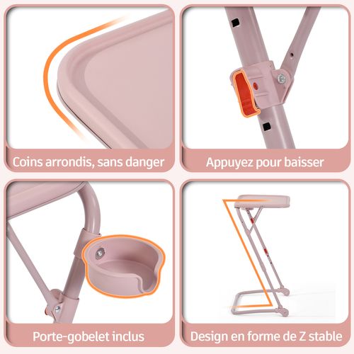 Petit Bureau Pliant Hauteur Réglable Portable Sans Assemblage Requis Plateau Inclinable, Rose