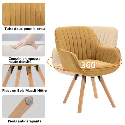 Lot De 4 Fauteuils De Bureau Pivotants Avec Accoudoirs Pieds En Bois, Jaune