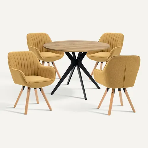 Table Salle à Manger Avec 4 Chaises, Ensemble De 5 Meubles, Bois Clair + Jaune