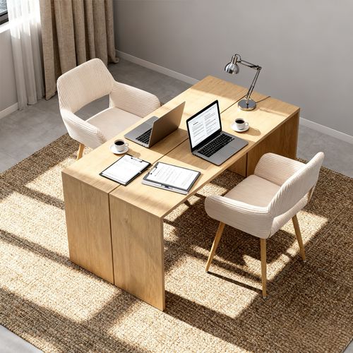 Chaise De Bureau Scandinave Assise Rembourrée Tissu Côtelé Pieds Bois Beige