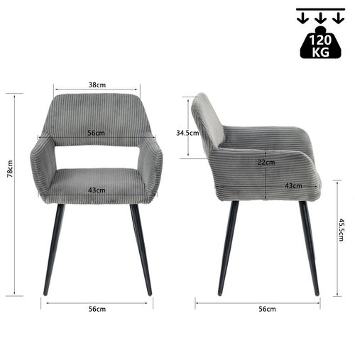 Chaise De Bureau Scandinave Assise Rembourrée Tissu Côtelé Pieds Métal Gris Foncé