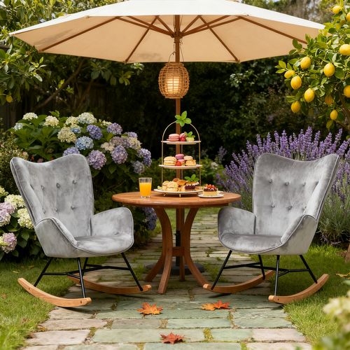 Lot De 2 Fauteuils à Bascule De Jardin - Velours Gris Doux Pour Extérieur Abrité