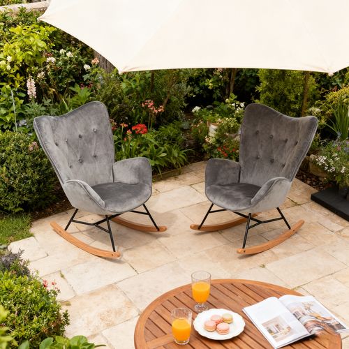 Lot De 2 Fauteuils à Bascule De Jardin - Velours Gris Doux Pour Extérieur Abrité