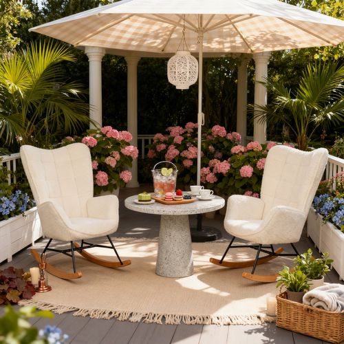 Lot De 2 Fauteuils à Bascule De Jardin - Tissu Bouclette Beige Pour Extérieur Abrité