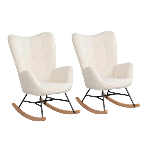 Lot De 2 Fauteuils à Bascule De Jardin - Tissu Bouclette Beige Pour Extérieur Abrité