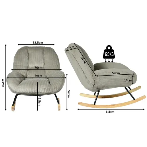 Fauteuil à Bascule Scandinave, Rocking Chair En Velours Côtelé, Pieds En Bois D’hévéa, Gris