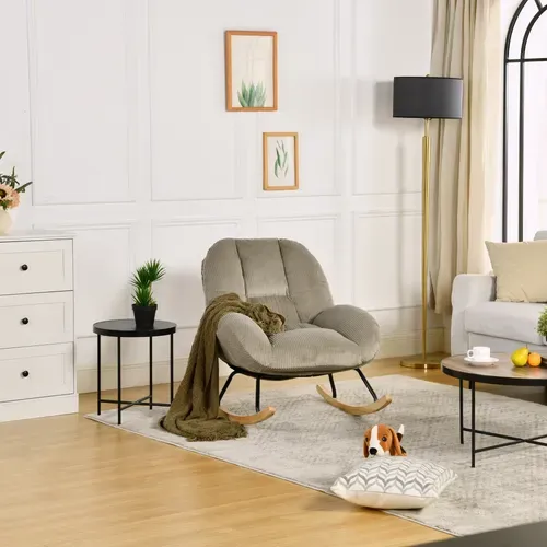 Fauteuil à Bascule Scandinave, Rocking Chair En Velours Côtelé, Pieds En Bois D’hévéa, Gris