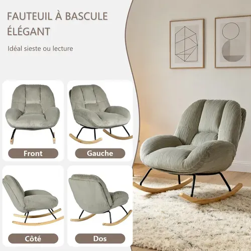 Fauteuil à Bascule Scandinave, Rocking Chair En Velours Côtelé, Pieds En Bois D’hévéa, Gris