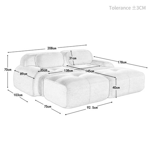 Canapé Modulable, 2 Places, Avec Accoudoirs, Revêtement En Velours Côtelé, Noir