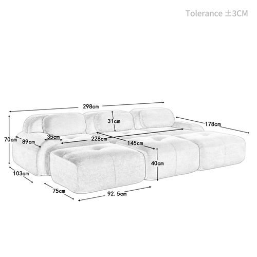 Canapé Modulable, 3 Places, Avec Accoudoirs, Revêtement En Velours Côtelé, Beige