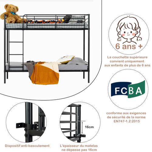 Lit Superposé 2 Places 90x190cm Pour Enfant, Noir