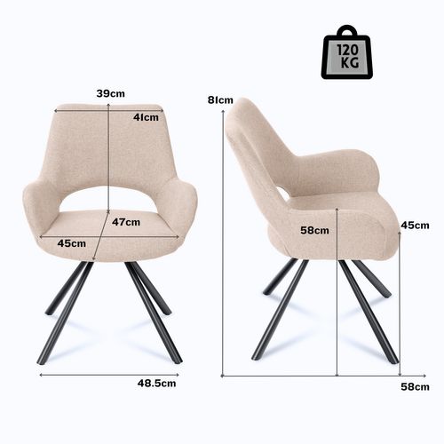 Lot De 2 Chaises Salle à Manger Scandinaves Avec Accoudoirs Tissu Pieds Métal, Beige