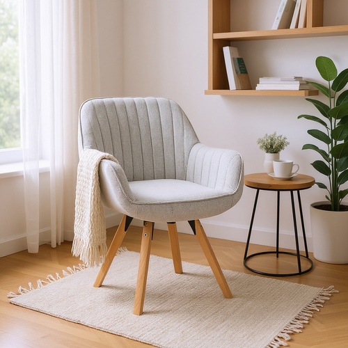 Chaise Salle à Manger Pivotante Avec Accoudoirs En Tissu Pieds Bois Massif, Beige