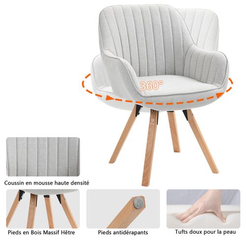 Lot De 6 Chaises Salle à Manger Pivotantes Avec Accoudoirs Pieds Bois Massif, Beige