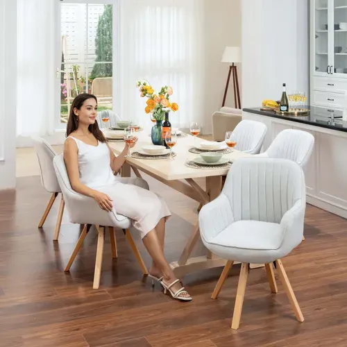 Lot De 6 Chaises Salle à Manger Pivotantes Avec Accoudoirs Pieds Bois Massif, Beige