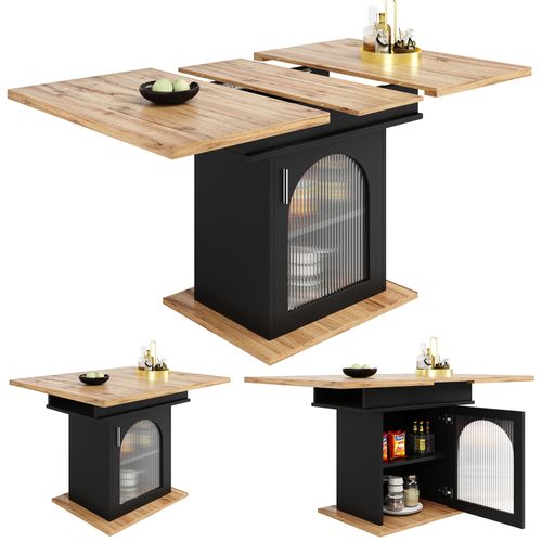 Table Salle à Manger Extensible Avec Rangement, 6–8 Personnes, 140x70x76cm, Chêne Et Noir