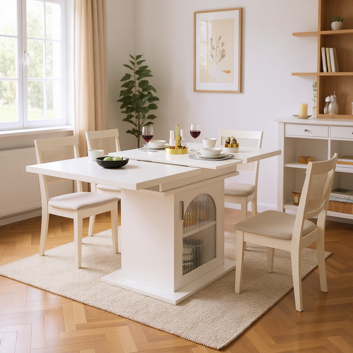 Table Salle à Manger Extensible Avec Rangement, 6–8 Personnes, 140x70x76cm, Blanc