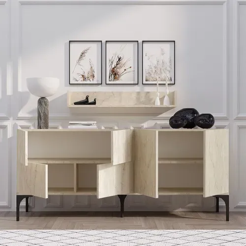 Buffet En Bois Avec étagère Murale "stella" - 180 X 40 X 55 Cm - Travertin