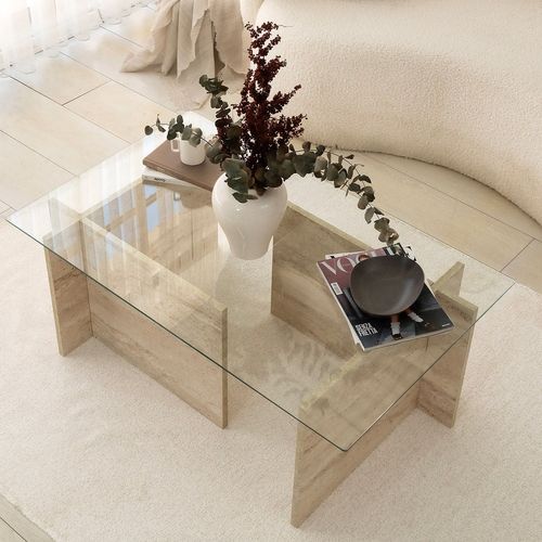 Table Basse Design Kinda L105cm Verre Transparent Et Effet Travertin Beige