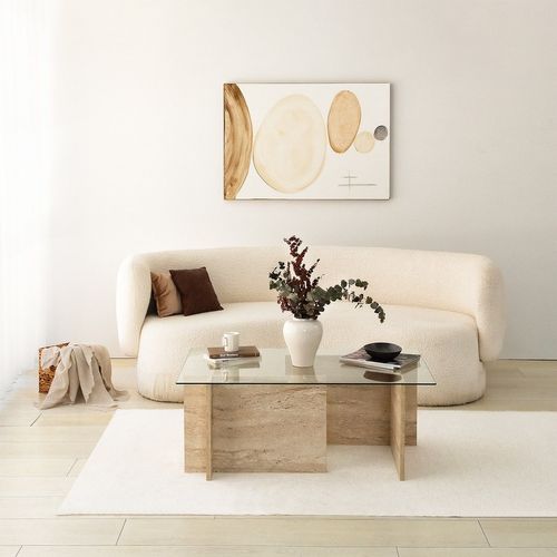 Table Basse Design Kinda L105cm Verre Transparent Et Effet Travertin Beige