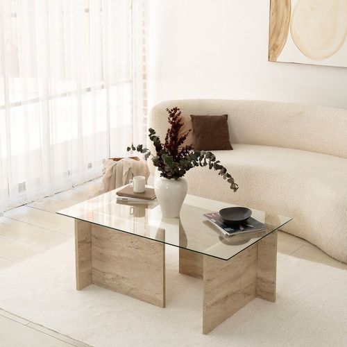 Table Basse Design Kinda L105cm Verre Transparent Et Effet Travertin Beige