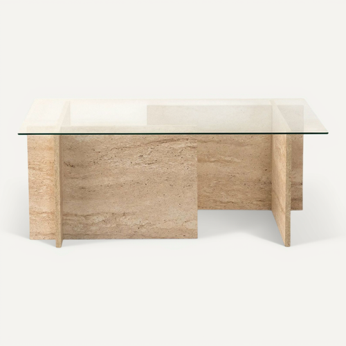 Table Basse Design Kinda L105cm Verre Transparent Et Effet Travertin Beige