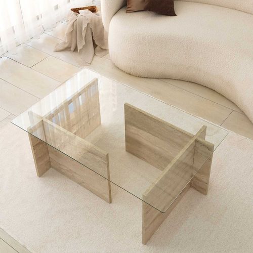 Table Basse Design Kinda L105cm Verre Transparent Et Effet Travertin Beige