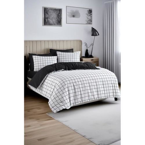 Housse De Couette 220x240 Cm + 2 Taies 60x60 Cm, 65% Coton, Réversible Noir/blanc