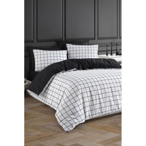 Housse De Couette 220x240 Cm + 2 Taies 60x60 Cm, 65% Coton, Réversible Noir/blanc