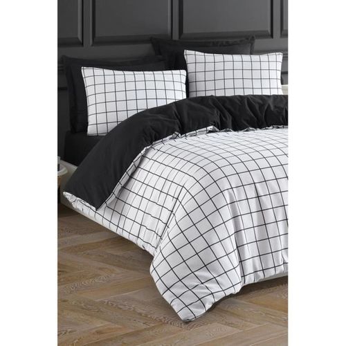 Housse De Couette 220x240 Cm + 2 Taies 60x60 Cm, 65% Coton, Réversible Noir/blanc